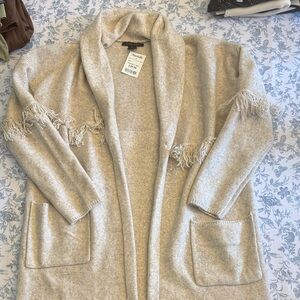 Tahari Beige Fringe Open-Front Cardigan